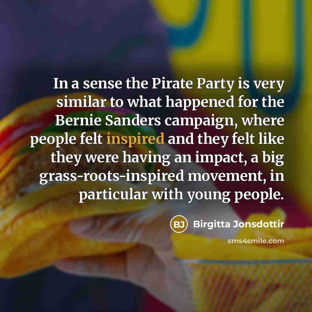 “In a sense the Pirate Party is very similar to what happened for the Bernie Sanders campaign, where people felt inspired and they felt like they were having an impact, a big grass-roots-inspired movement, in particular with young people.” quote by Birgitta Jonsdottir
