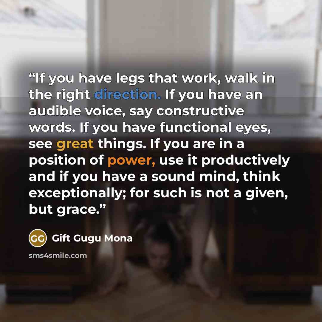 “If you have legs that work, walk in the right direction. If you have an audible voice, say constructive words. If you have functional eyes, see great things. If you are in a position of power, use it productively and if you have a sound mind, think exceptionally; for such is not a given, but grace.” quote by Gift Gugu Mona