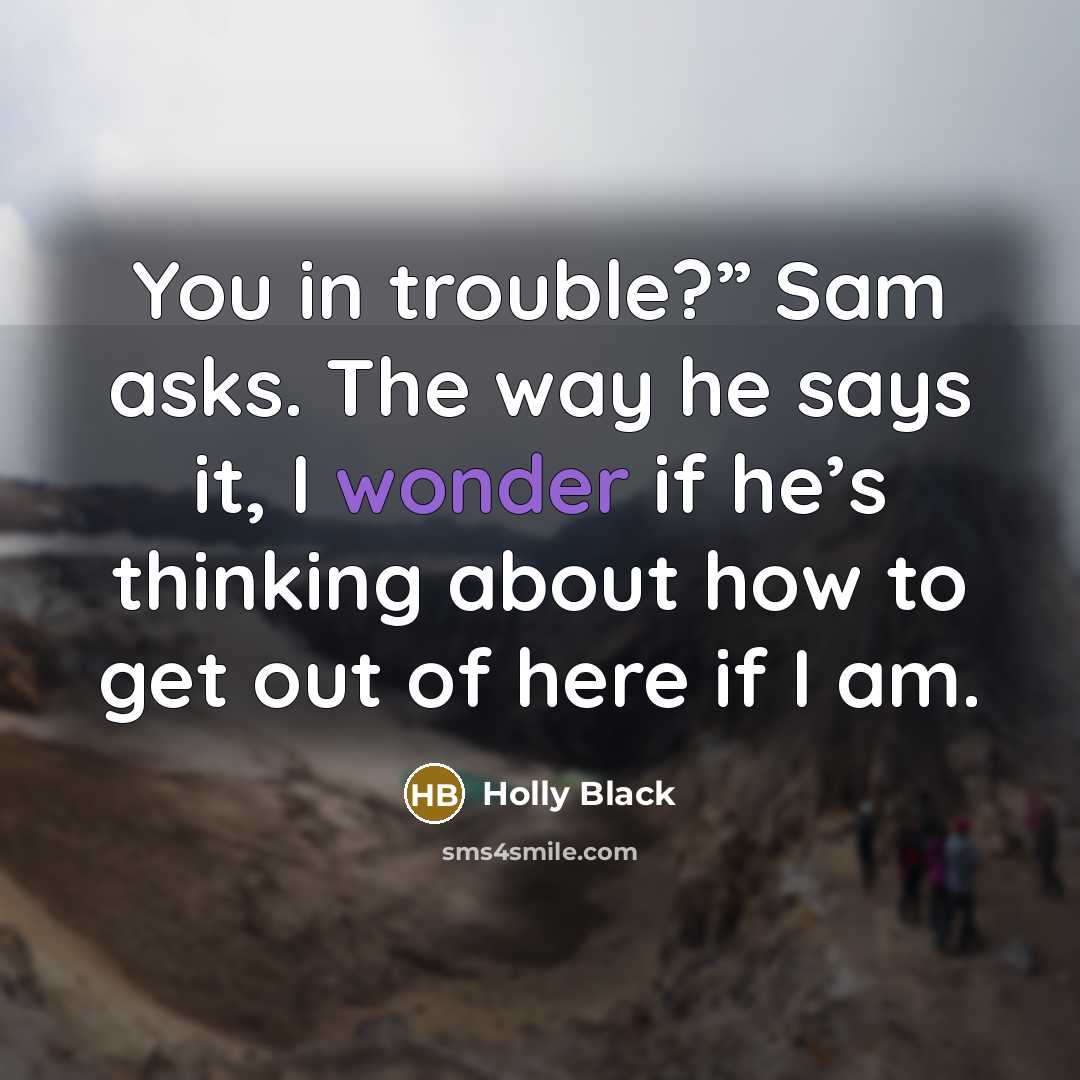 “You in trouble?” Sam asks. The way he says it, I wonder if he’s thinking about how to get out of here if I am.” quote by Holly Black