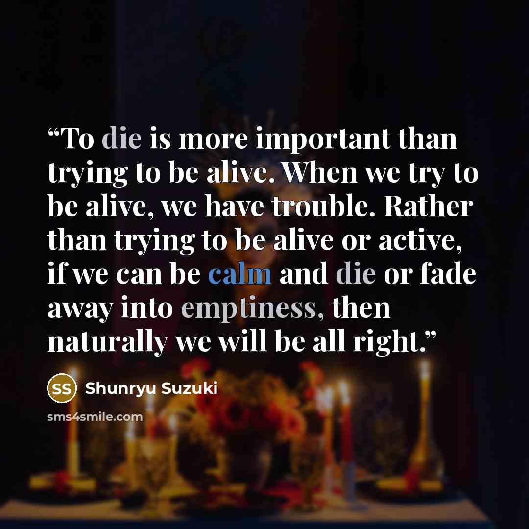 “To die is more important than trying to be alive. When we try to be alive, we have trouble. Rather than trying to be alive or active, if we can be calm and die or fade away into emptiness, then naturally we will be all right.” quote by Shunryu Suzuki