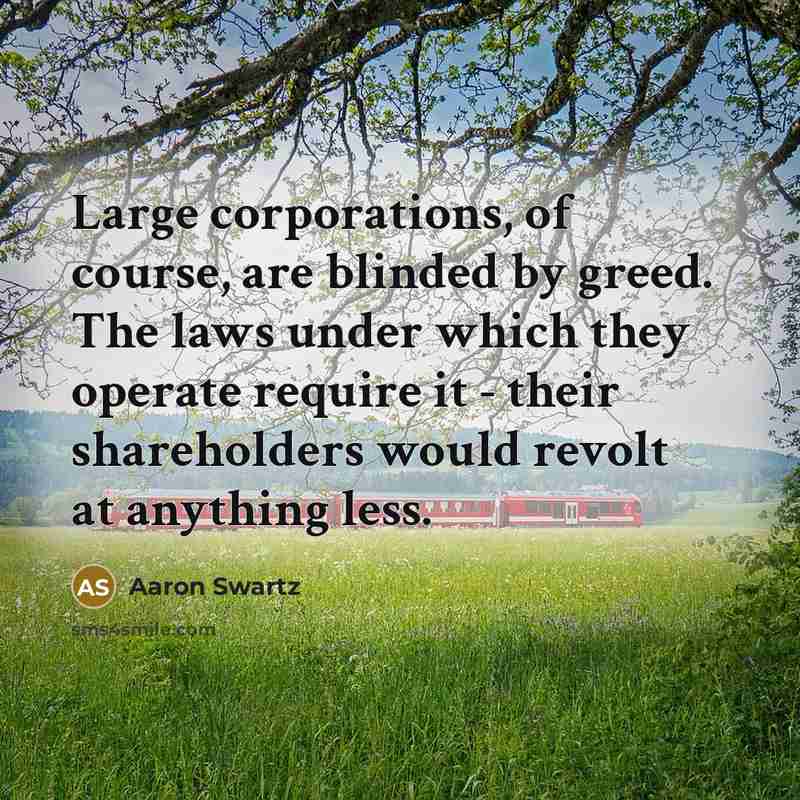 “Large corporations, of course, are blinded by greed. The laws…” quote by Aaron Swartz