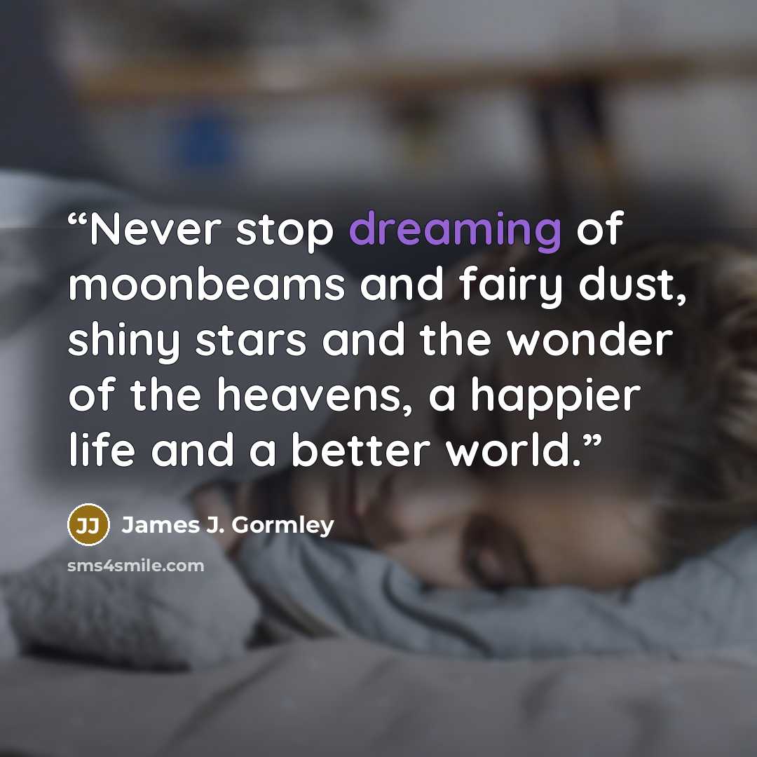 “Never stop dreaming of moonbeams and fairy dust, shiny stars and the wonder of the heavens, a happier life and a better world.” quote by James J. Gormley