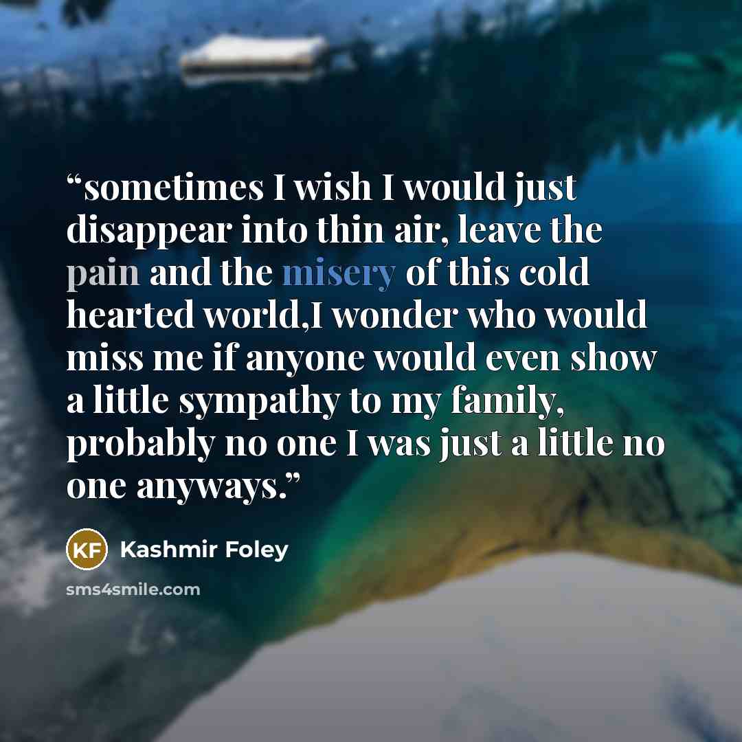 “sometimes I wish I would just disappear into thin air, leave the pain and the misery of this cold hearted world,I wonder who would miss me if anyone would even show a little sympathy to my family, probably no one I was just a little no one anyways.” quote by Kashmir Foley