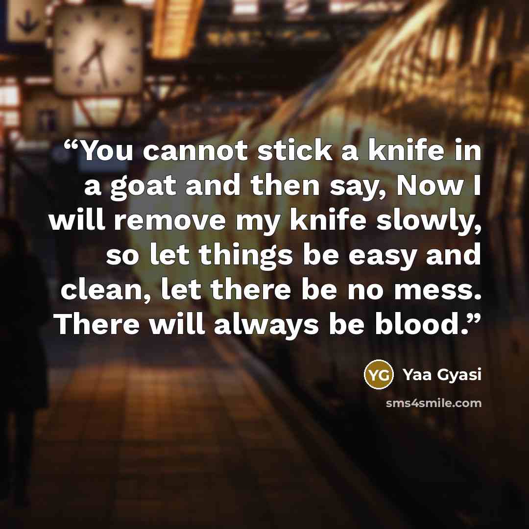 “You cannot stick a knife in a goat and then say, Now I will remove my knife slowly, so let things be easy and clean, let there be no mess. There will always be blood.” quote by Yaa Gyasi