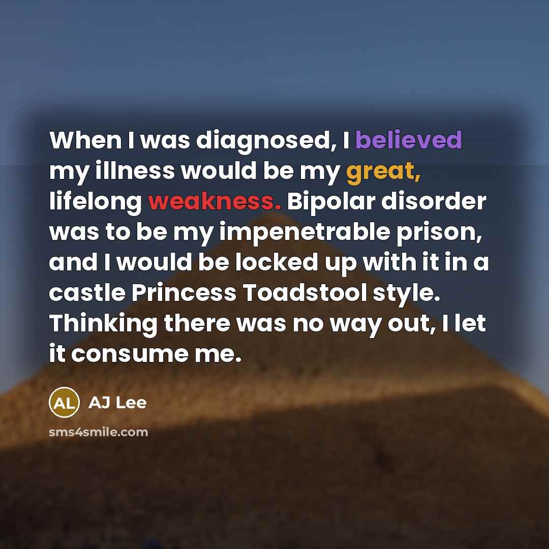 “When I was diagnosed, I believed my illness would be my great, lifelong weakness. Bipolar disorder was to be my impenetrable prison, and I would be locked up with it in a castle Princess Toadstool style. Thinking there was no way out, I let it consume me.” quote by AJ Lee