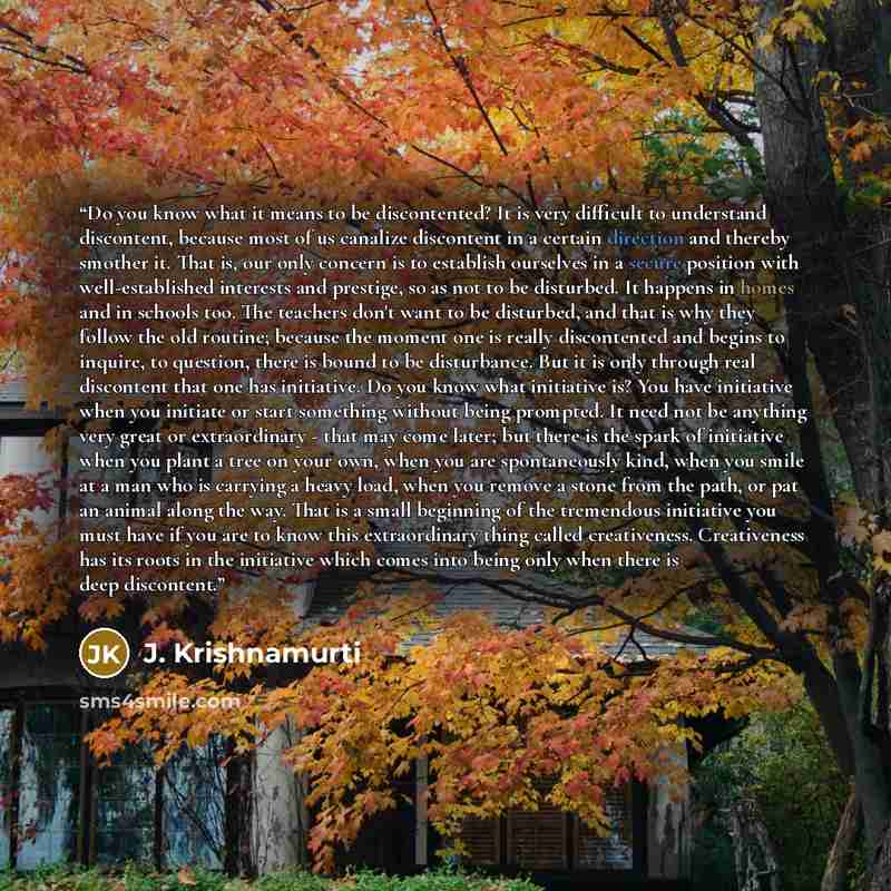 “Do you know what it means to be discontented? It is very difficult to understand discontent, because most of us canalize discontent in a certain direction and thereby smother it. That is, our only concern is to establish ourselves in a secure position with well-established interests and prestige…” quote by J. Krishnamurti