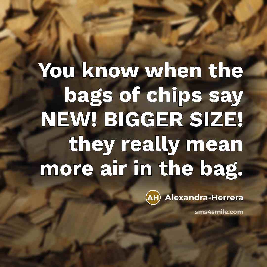 “You know when the bags of chips say NEW! BIGGER SIZE! they really mean more air in the bag.” quote by Alexandra-Herrera