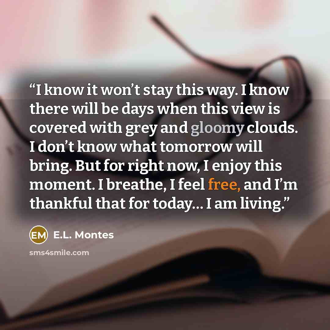 “I know it won’t stay this way. I know there will be days when this view is covered with grey and gloomy clouds. I don’t know what tomorrow will bring. But for right now, I enjoy this moment. I breathe, I feel free, and I’m thankful that for today… I am living.” quote by E.L. Montes