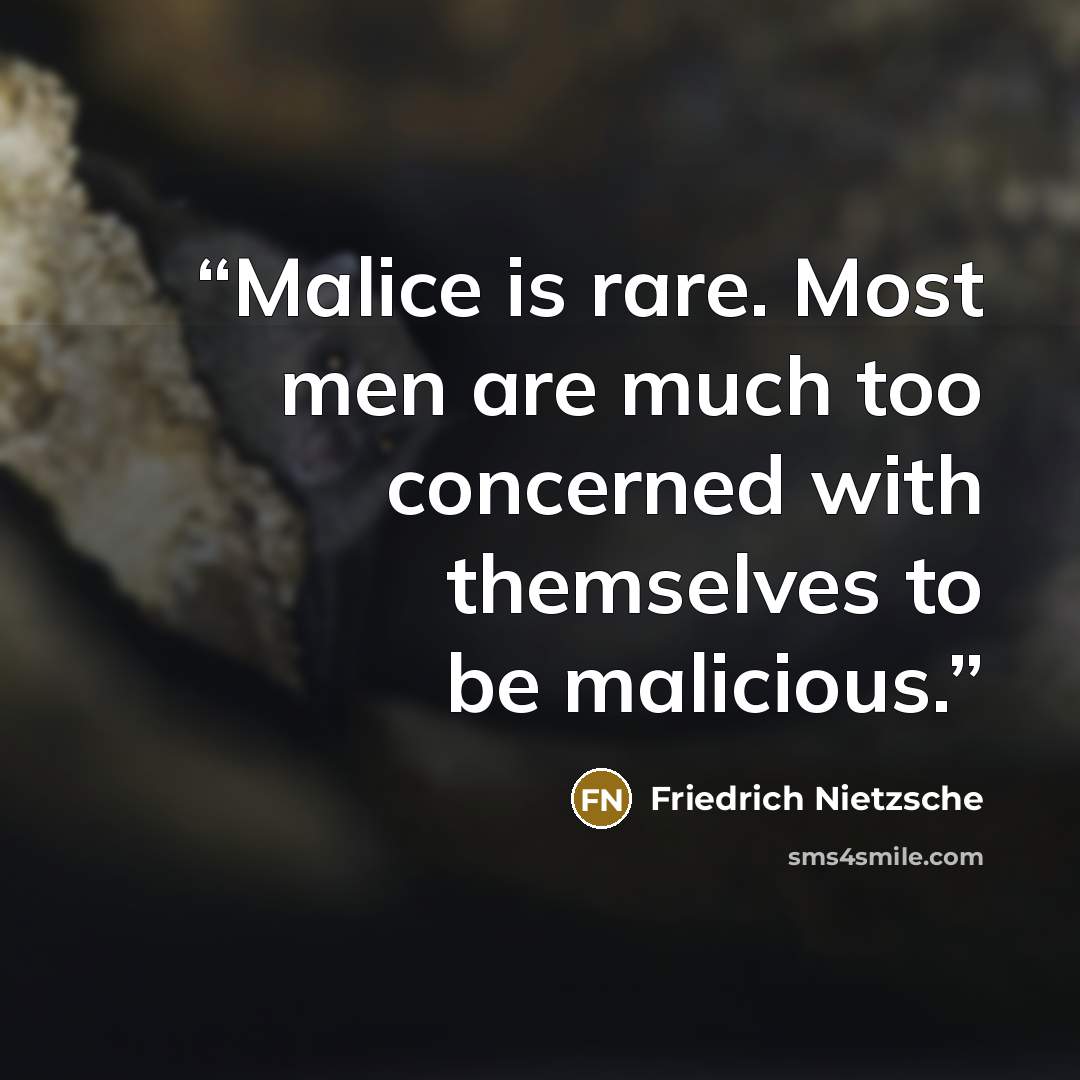“Malice is rare. Most men are much too concerned with themselves to be malicious.” quote by Friedrich Nietzsche