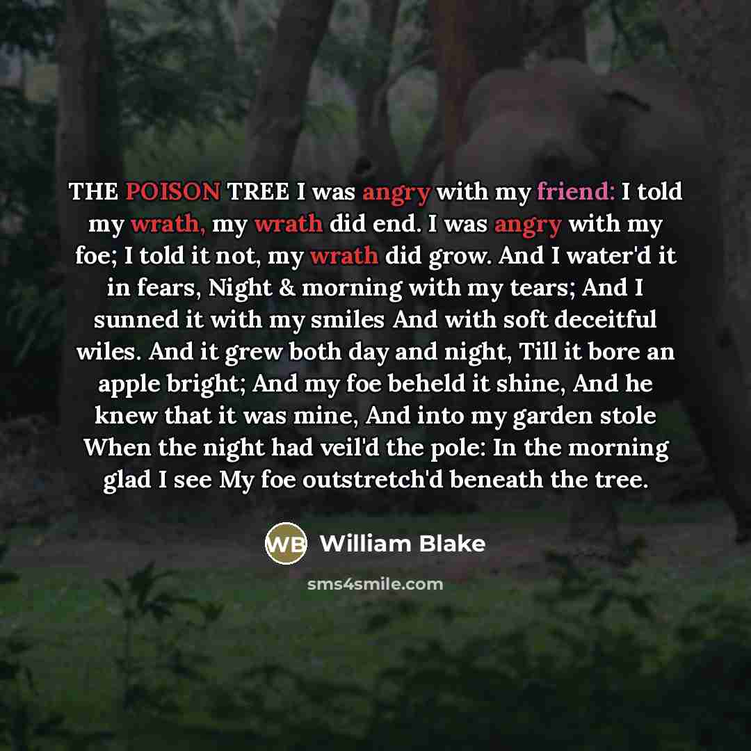 “THE POISON TREE I was angry with my friend: I…” quote by William Blake