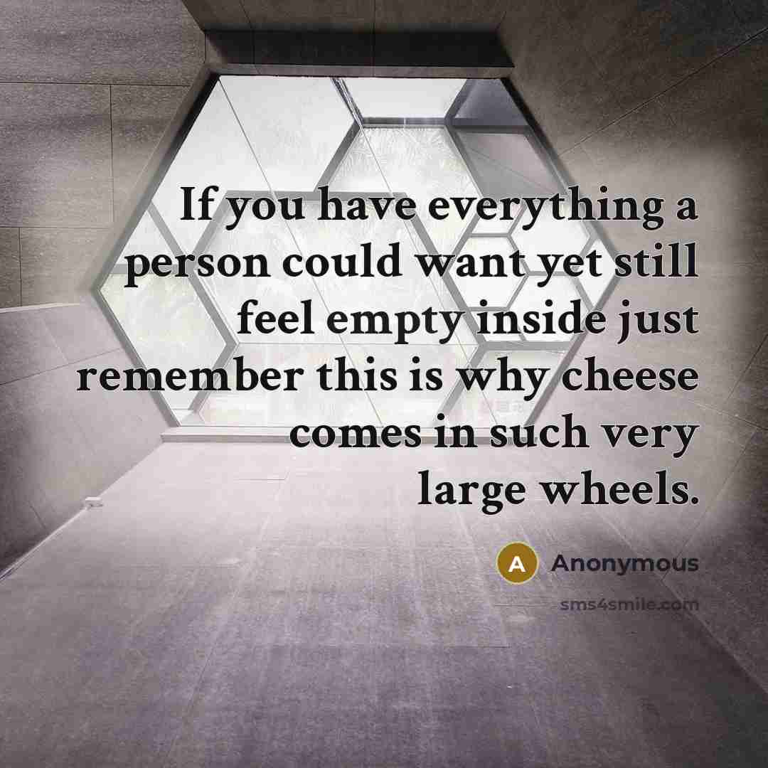 “If you have everything a person could want yet still feel empty inside just remember this is why cheese comes in such very large wheels.” quote by Anonymous