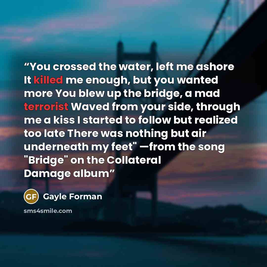 “You crossed the water, left me ashore It killed me enough, but you wanted more You blew up the bridge, a mad terrorist Waved from your side, through me a kiss I started to follow but realized too late There was nothing but air underneath my feet" —from the song "Bridge" on the Collateral Damage…” quote by Gayle Forman