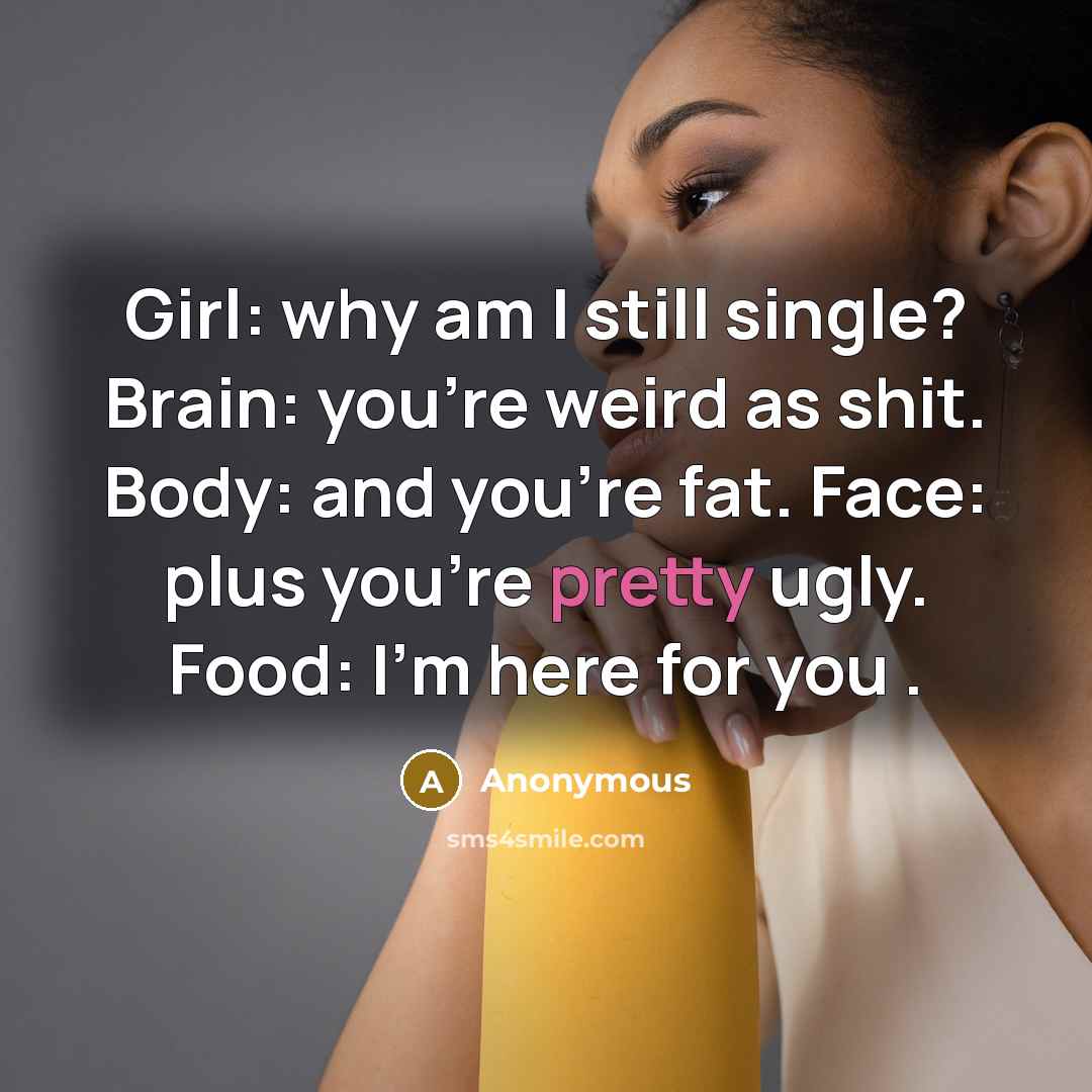 “Girl: why am I still single? Brain: you're weird as…” quote by Anonymous