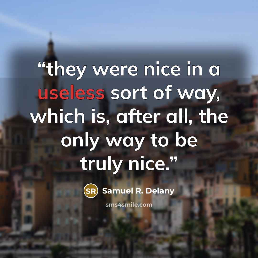 “they were nice in a useless sort of way, which is, after all, the only way to be truly nice.” quote by Samuel R. Delany