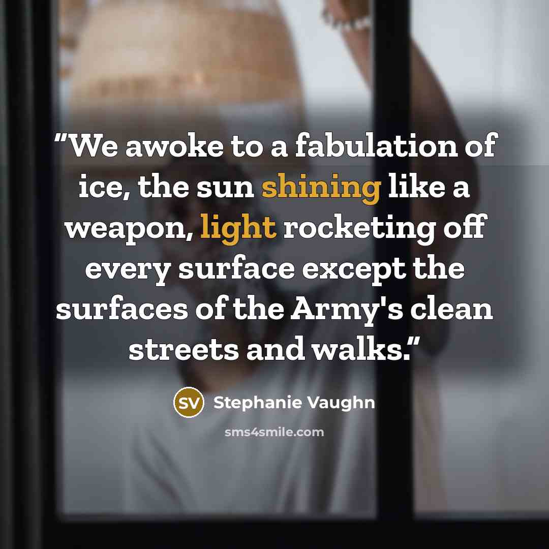 “We awoke to a fabulation of ice, the sun shining like a weapon, light rocketing off every surface except the surfaces of the Army's clean streets and walks.” quote by Stephanie Vaughn