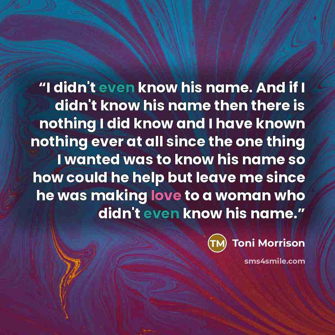 “I didn't even know his name. And if I didn't know his name then there is nothing I did know and I have known nothing ever at all since the one thing I wanted was to know his name so how could he help but leave me since he was making love to a woman who didn't even know his name.” quote by Toni Morrison