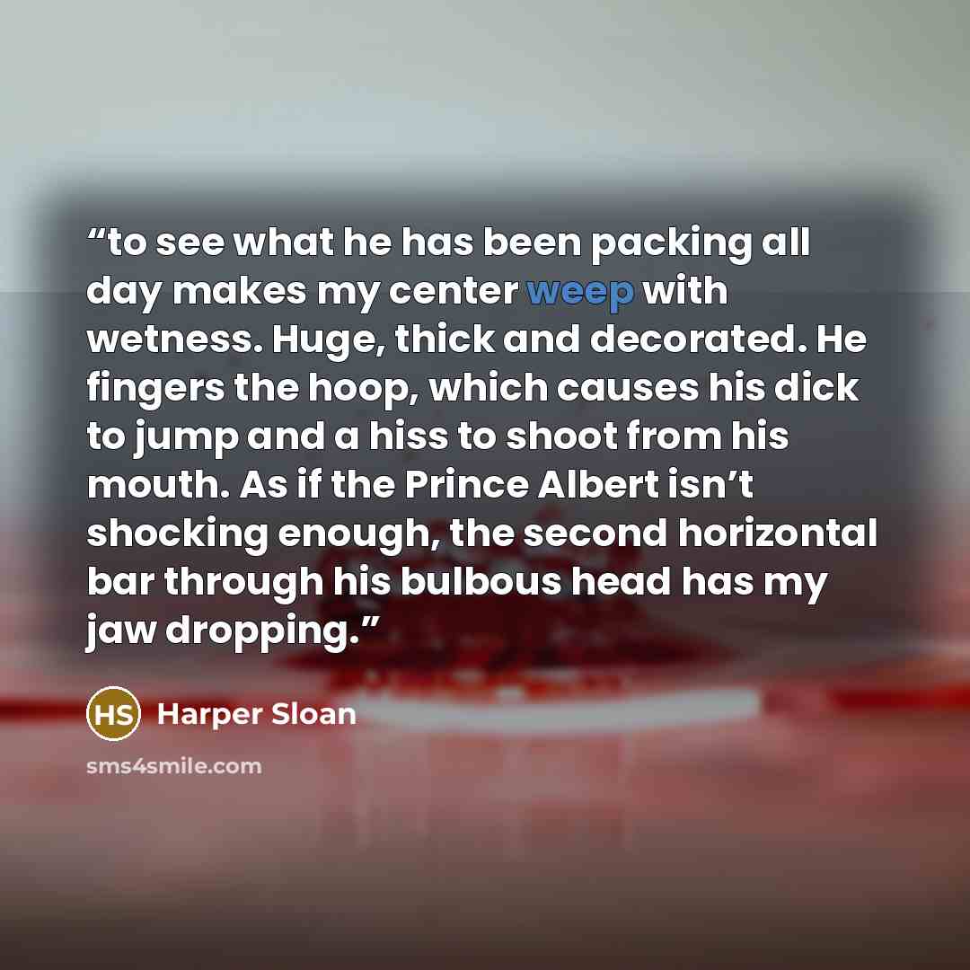 “to see what he has been packing all day makes my center weep with wetness. Huge, thick and decorated. He fingers the hoop, which causes his dick to jump and a hiss to shoot from his mouth. As if the Prince Albert isn’t shocking enough, the second horizontal bar through his bulbous head has my jaw…” quote by Harper Sloan