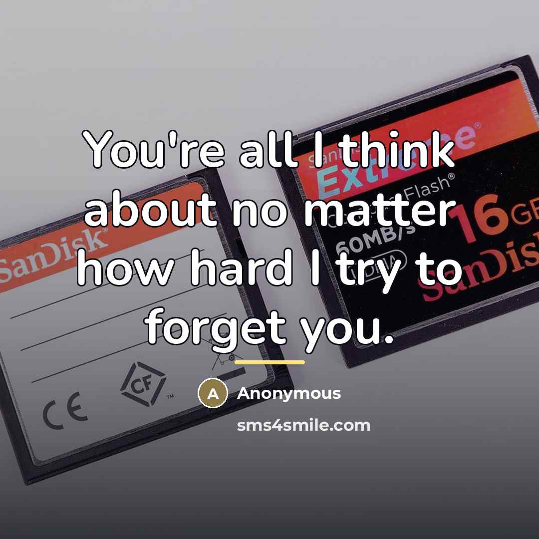 “You're all I think about no matter how hard I…” quote by Anonymous