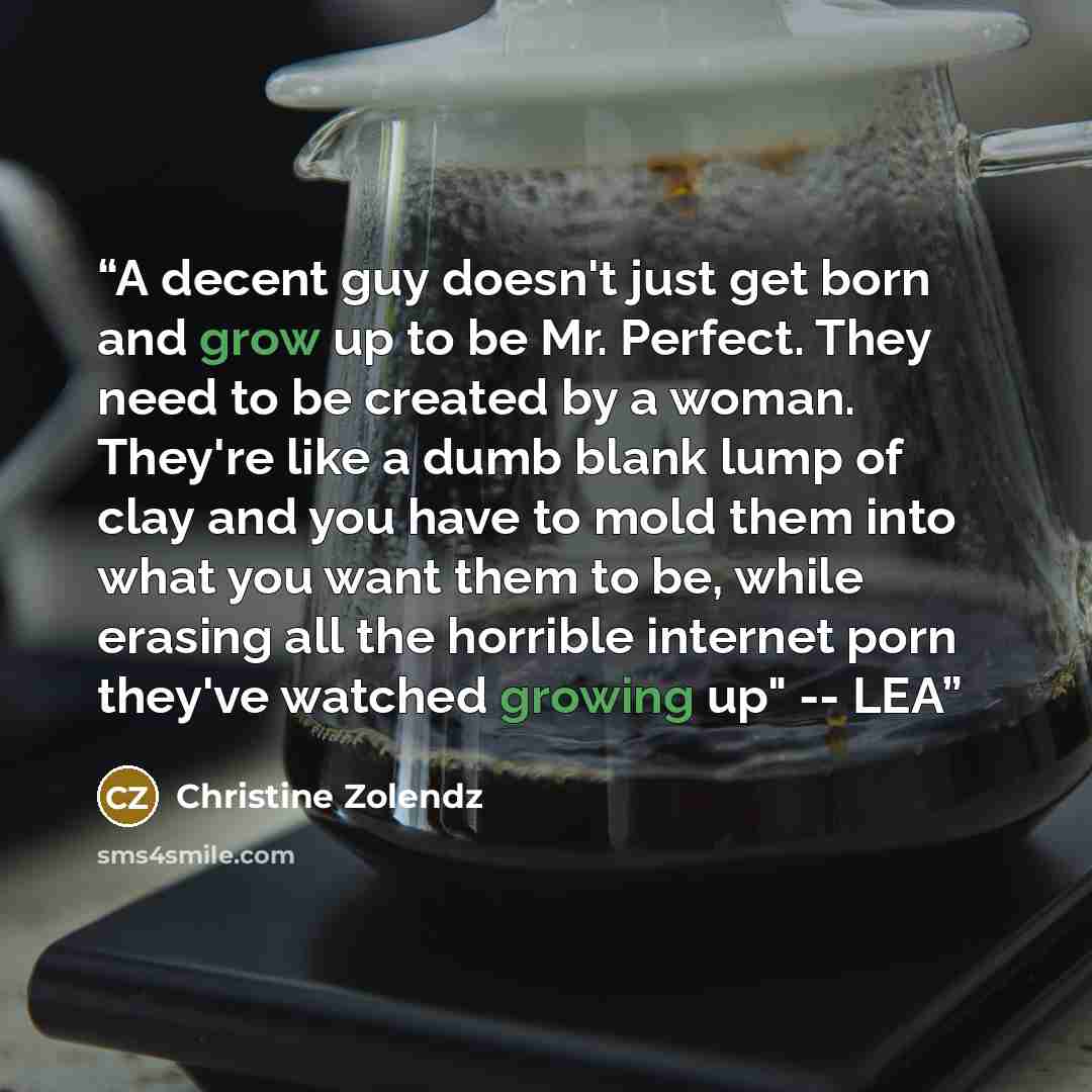 “A decent guy doesn't just get born and grow up to be Mr. Perfect. They need to be created by a woman. They're like a dumb blank lump of clay and you have to mold them into what you want them to be, while erasing all the horrible internet porn they've watched growing up" -- LEA” quote by Christine Zolendz