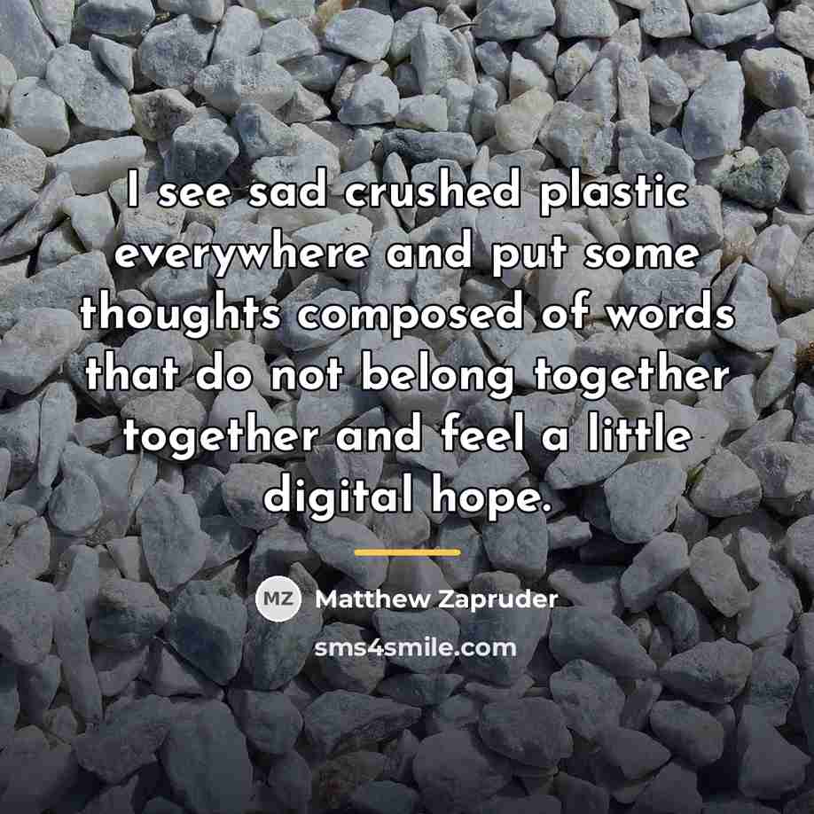 “I see sad crushed plastic everywhere and put some thoughts…” quote by Matthew Zapruder