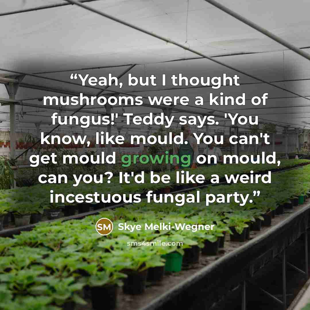 “Yeah, but I thought mushrooms were a kind of fungus!' Teddy says. 'You know, like mould. You can't get mould growing on mould, can you? It'd be like a weird incestuous fungal party.” quote by Skye Melki-Wegner