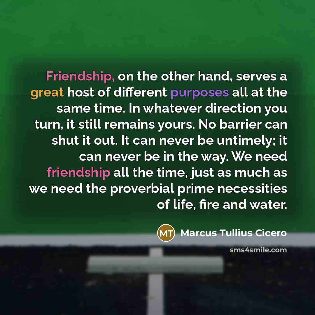“Friendship, on the other hand, serves a great host of different purposes all at the same time. In whatever direction you turn, it still remains yours. No barrier can shut it out. It can never be untimely; it can never be in the way. We need friendship all the time, just as much as we need the…” quote by Marcus Tullius Cicero