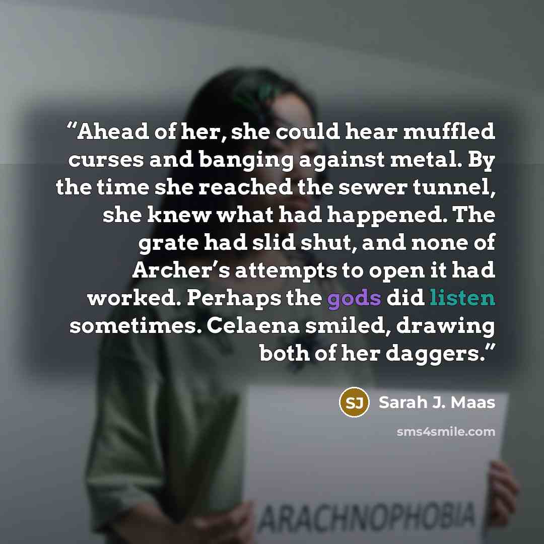 “Ahead of her, she could hear muffled curses and banging against metal. By the time she reached the sewer tunnel, she knew what had happened. The grate had slid shut, and none of Archer’s attempts to open it had worked. Perhaps the gods did listen sometimes. Celaena smiled, drawing both of her…” quote by Sarah J. Maas