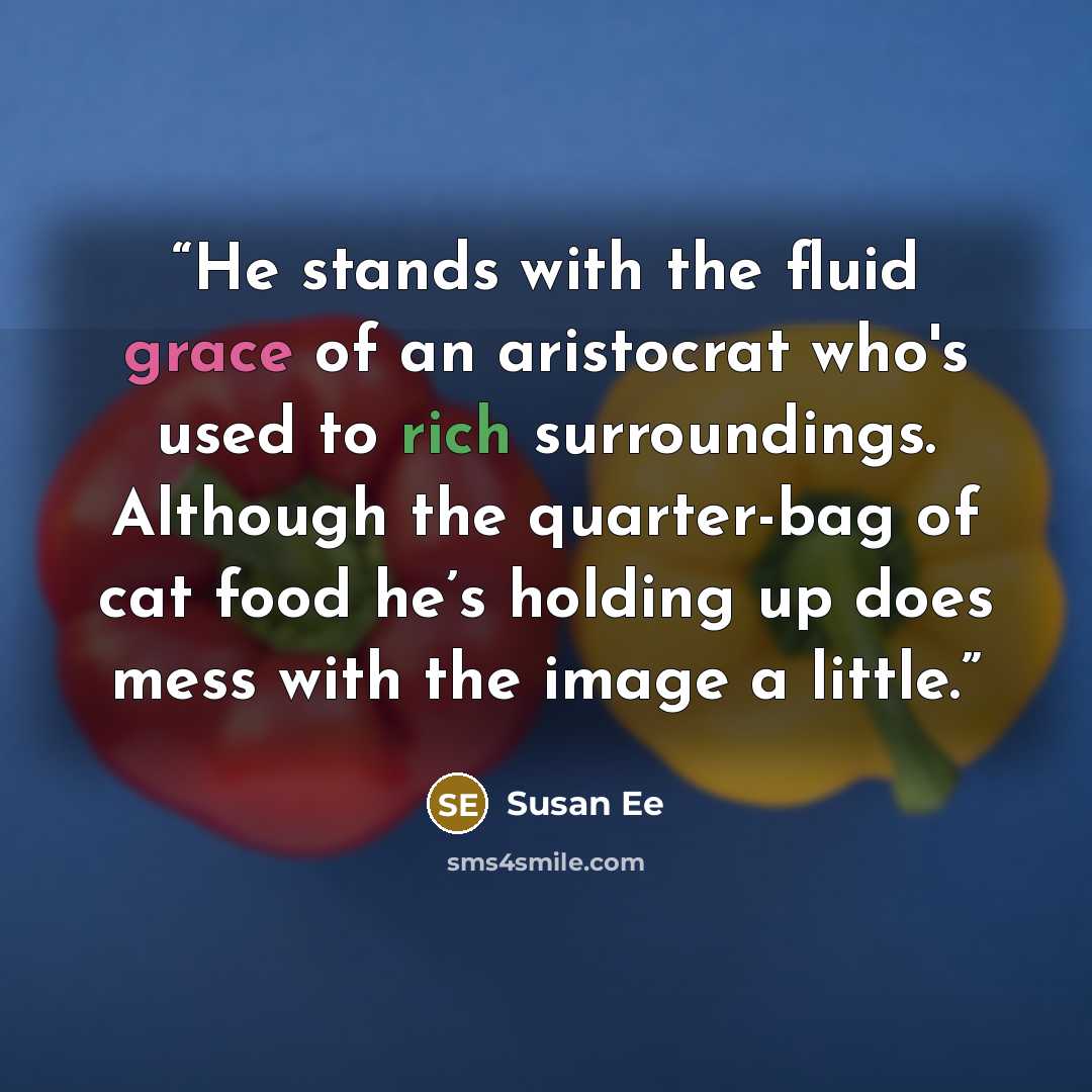 “He stands with the fluid grace of an aristocrat who's used to rich surroundings. Although the quarter-bag of cat food he’s holding up does mess with the image a little.” quote by Susan Ee
