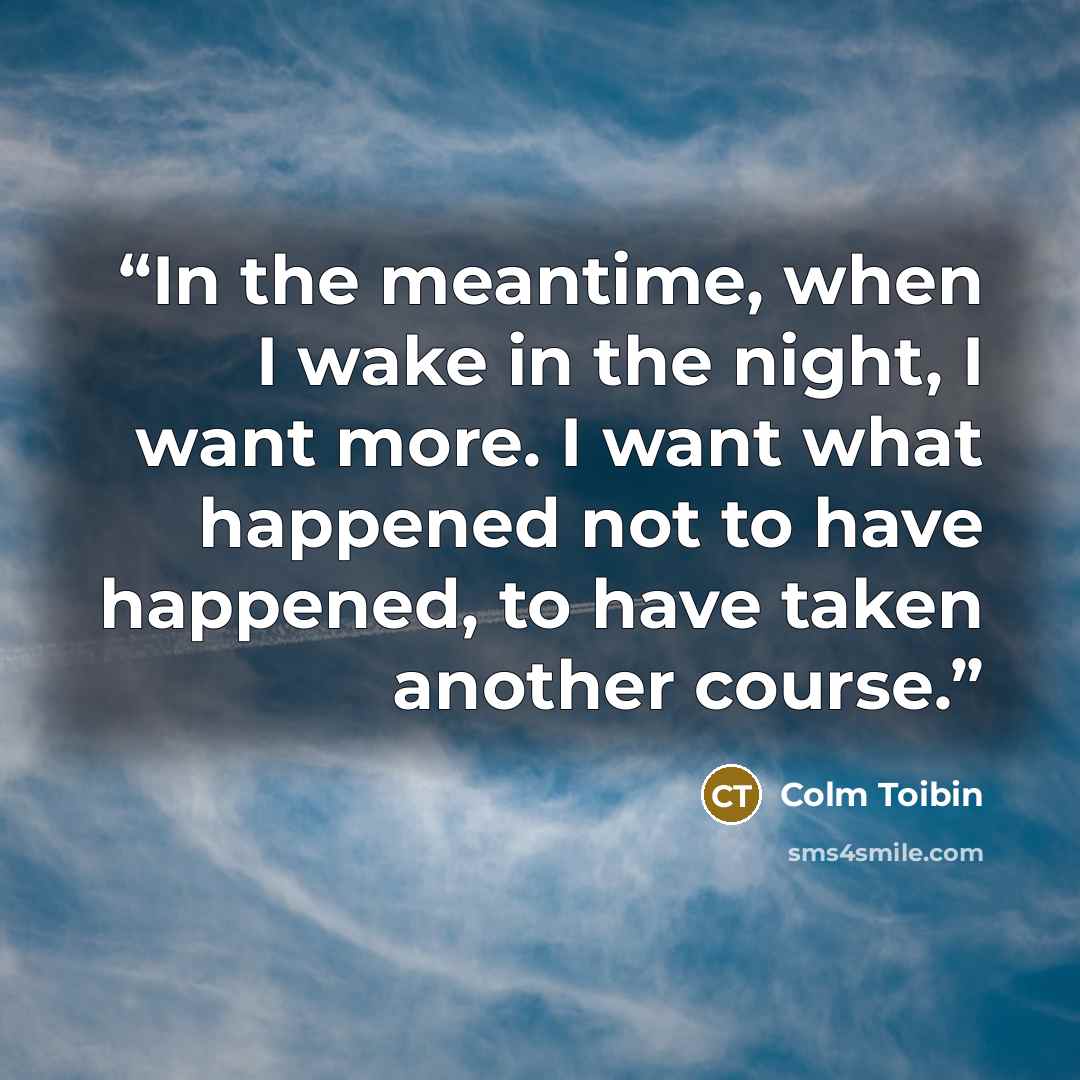 “In the meantime, when I wake in the night, I want more. I want what happened not to have happened, to have taken another course.” quote by Colm Tóibín