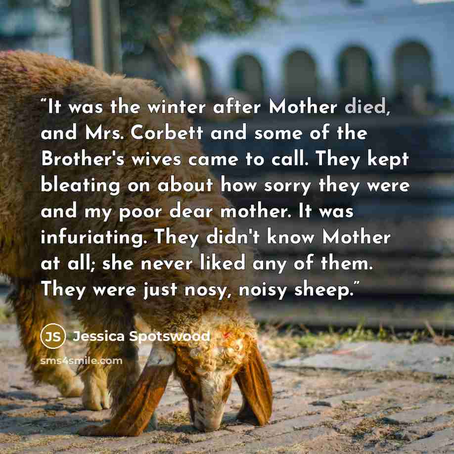 “It was the winter after Mother died, and Mrs. Corbett and some of the Brother's wives came to call. They kept bleating on about how sorry they were and my poor dear mother. It was infuriating. They didn't know Mother at all; she never liked any of them. They were just nosy, noisy sheep.” quote by Jessica Spotswood