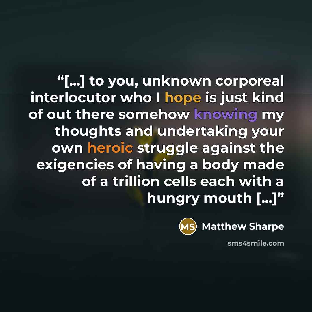 “[...] to you, unknown corporeal interlocutor who I hope is just kind of out there somehow knowing my thoughts and undertaking your own heroic struggle against the exigencies of having a body made of a trillion cells each with a hungry mouth [...]” quote by Matthew Sharpe