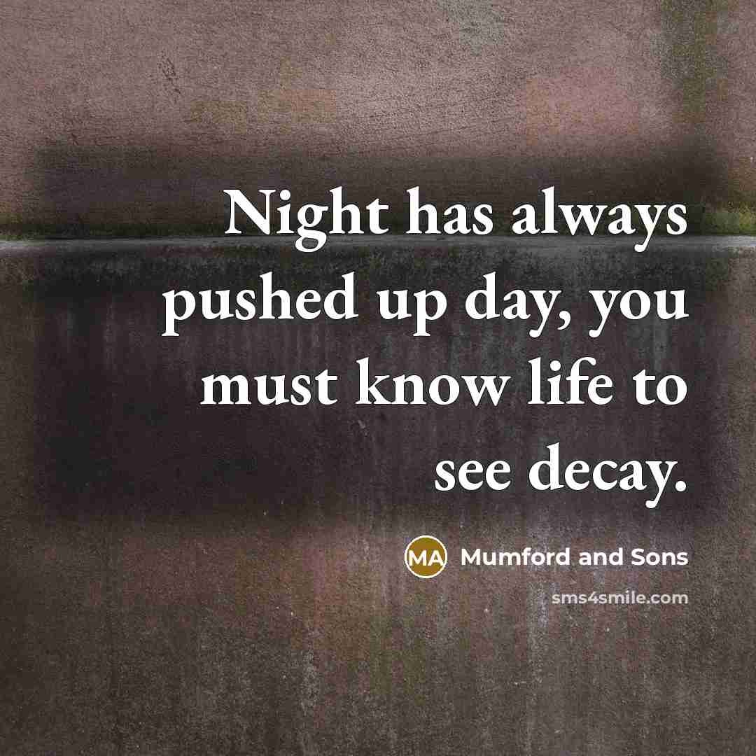 “Night has always pushed up day, you must know life to see decay.” quote by Mumford And Sons