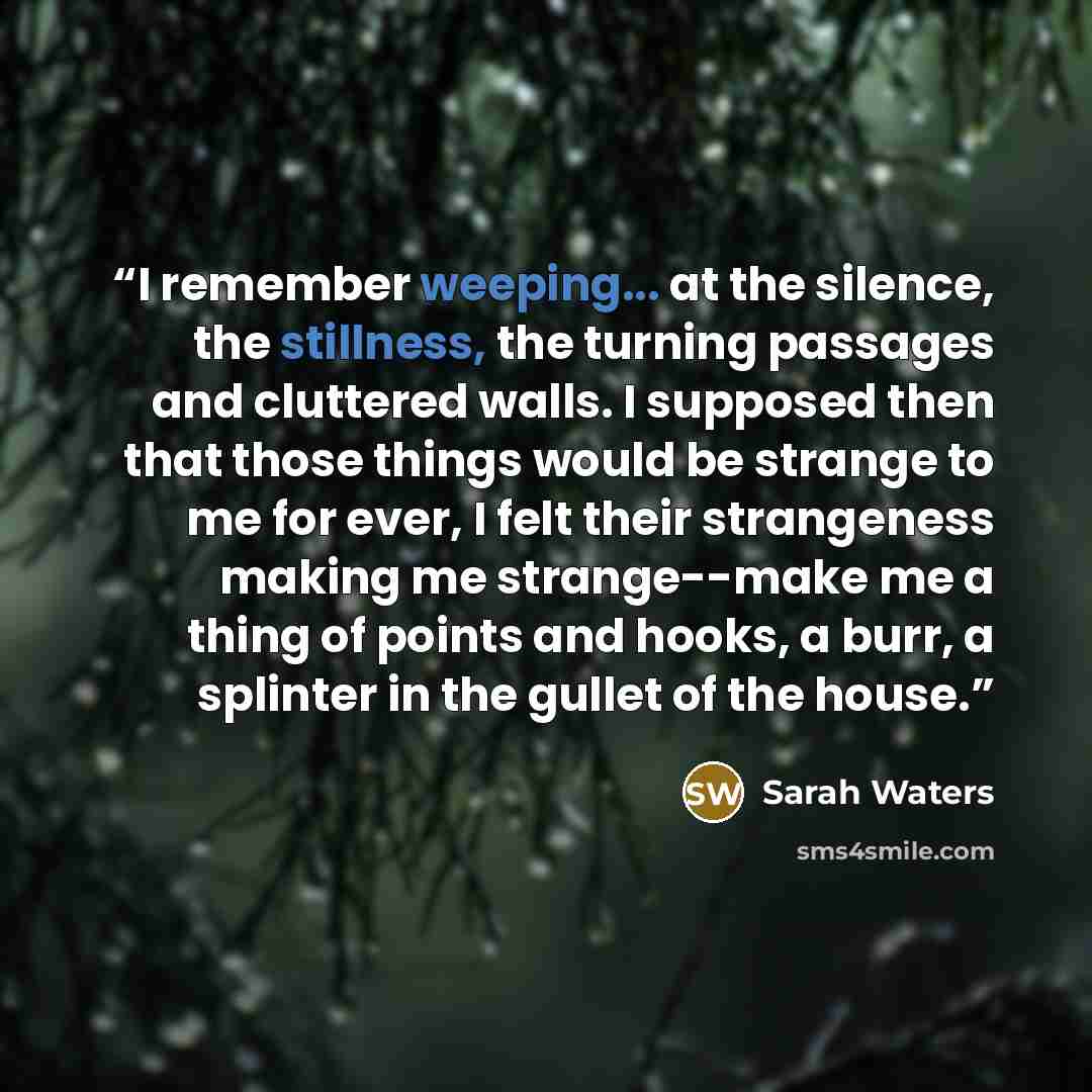 “I remember weeping... at the silence, the stillness, the turning passages and cluttered walls. I supposed then that those things would be strange to me for ever, I felt their strangeness making me strange--make me a thing of points and hooks, a burr, a splinter in the gullet of the house.” quote by Sarah Waters