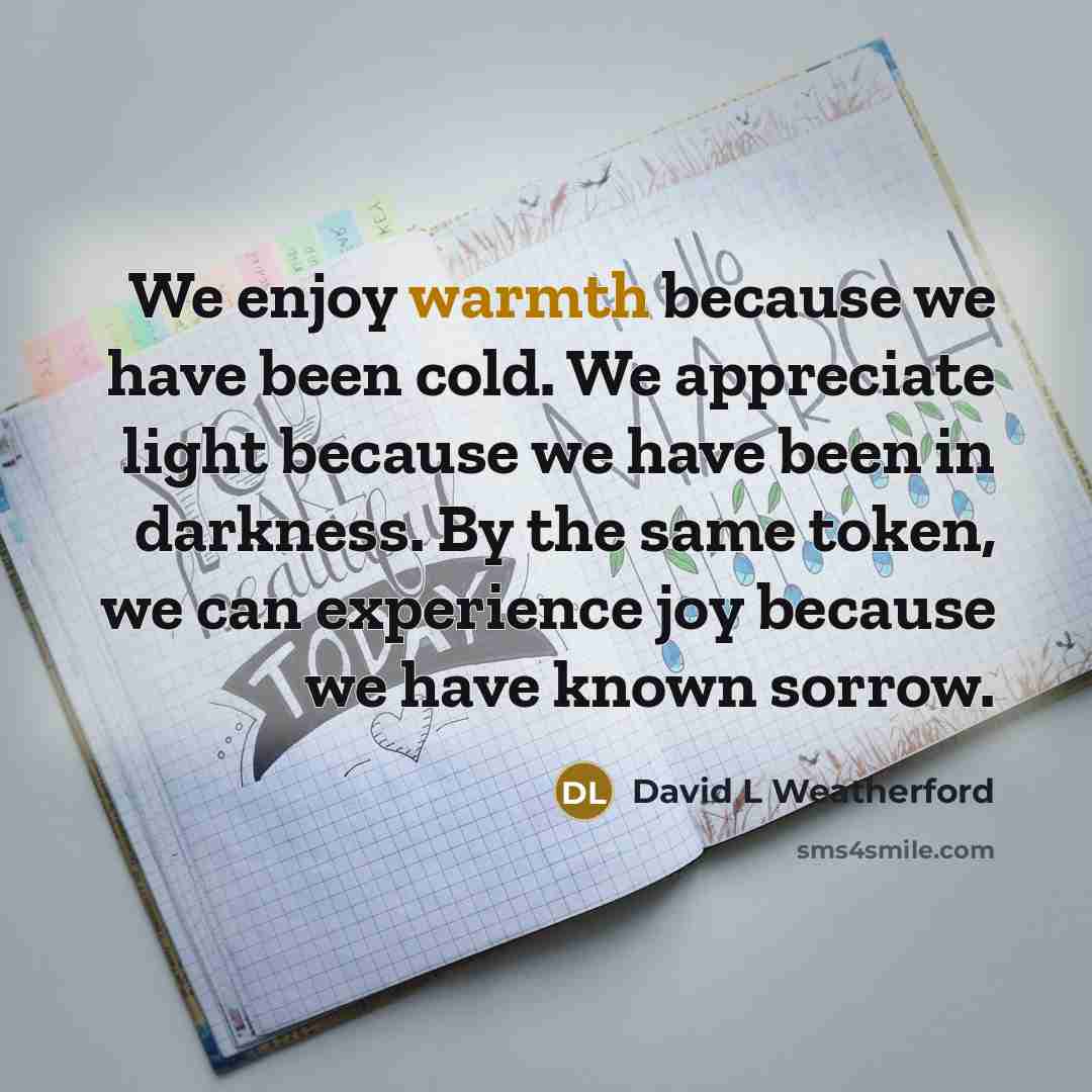 “We enjoy warmth because we have been cold. We appreciate light because we have been in darkness. By the same token, we can experience joy because we have known sorrow.” quote by David L Weatherford