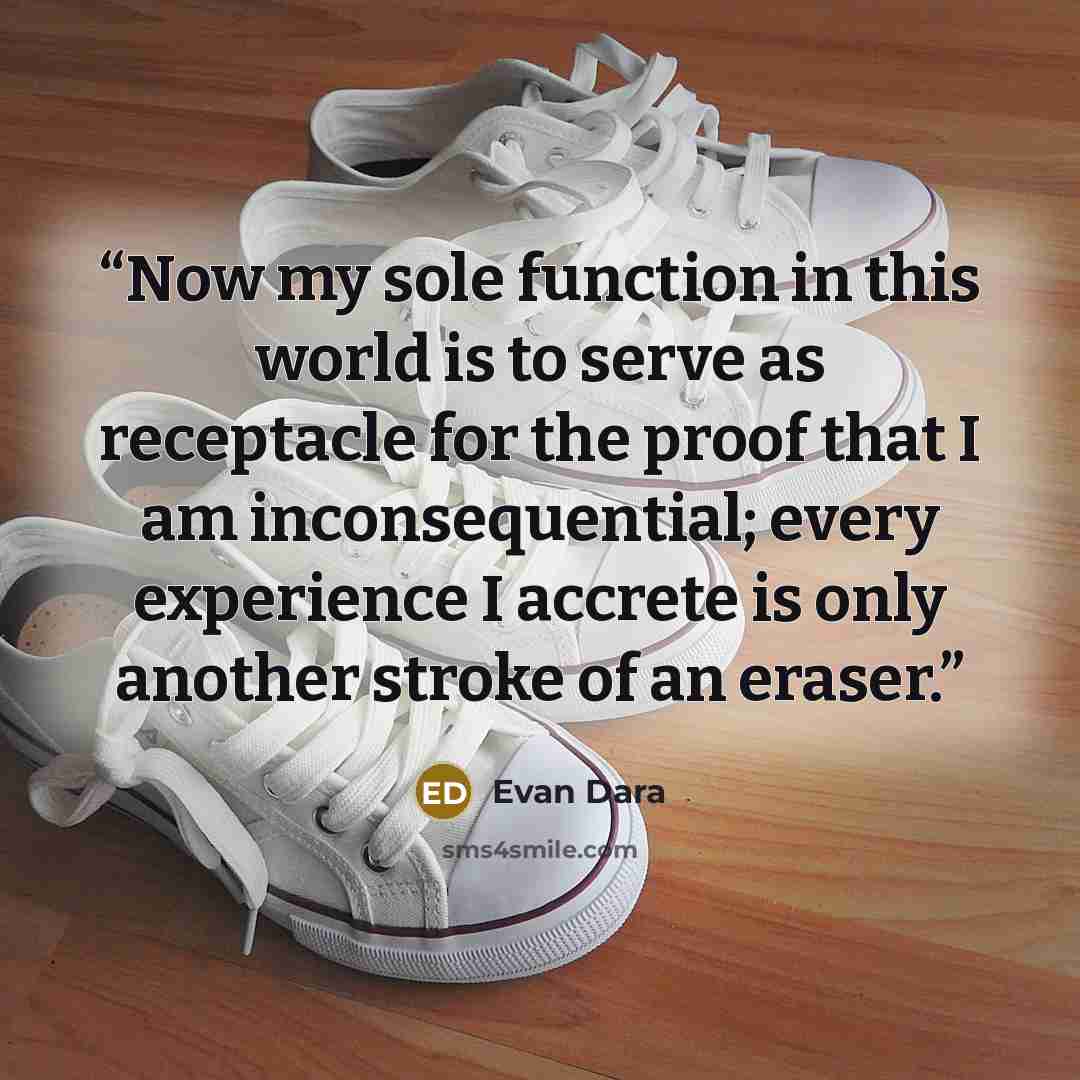 “Now my sole function in this world is to serve as receptacle for the proof that I am inconsequential; every experience I accrete is only another stroke of an eraser.” quote by Evan Dara