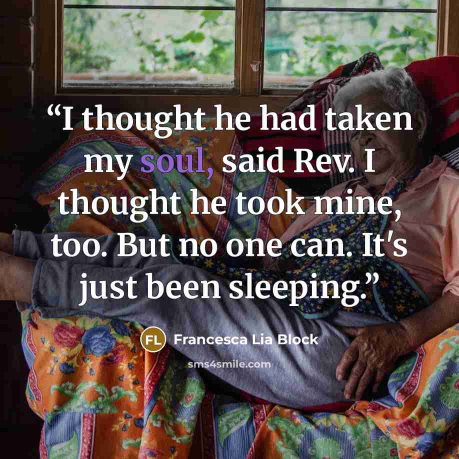 “I thought he had taken my soul, said Rev. I thought he took mine, too. But no one can. It's just been sleeping.” quote by Francesca Lia Block