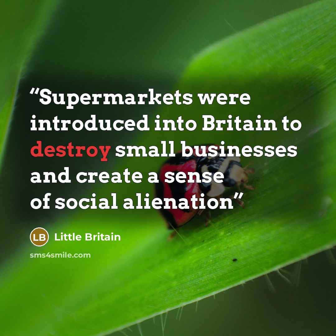 “Supermarkets were introduced into Britain to destroy small businesses and create a sense of social alienation” quote by Little Britain