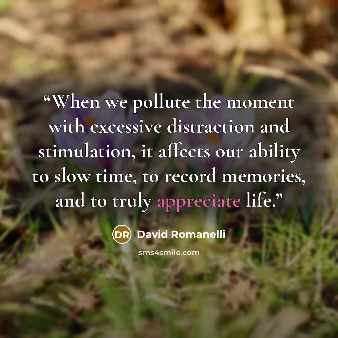 “When we pollute the moment with excessive distraction and stimulation, it affects our ability to slow time, to record memories, and to truly appreciate life.” quote by David Romanelli