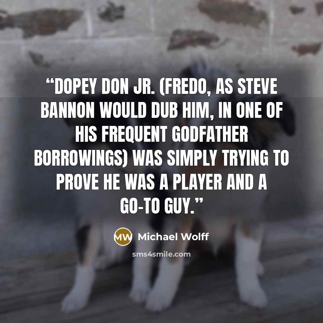 “Dopey Don Jr. (Fredo, as Steve Bannon would dub him, in one of his frequent Godfather borrowings) was simply trying to prove he was a player and a go-to guy.” quote by Michael Wolff