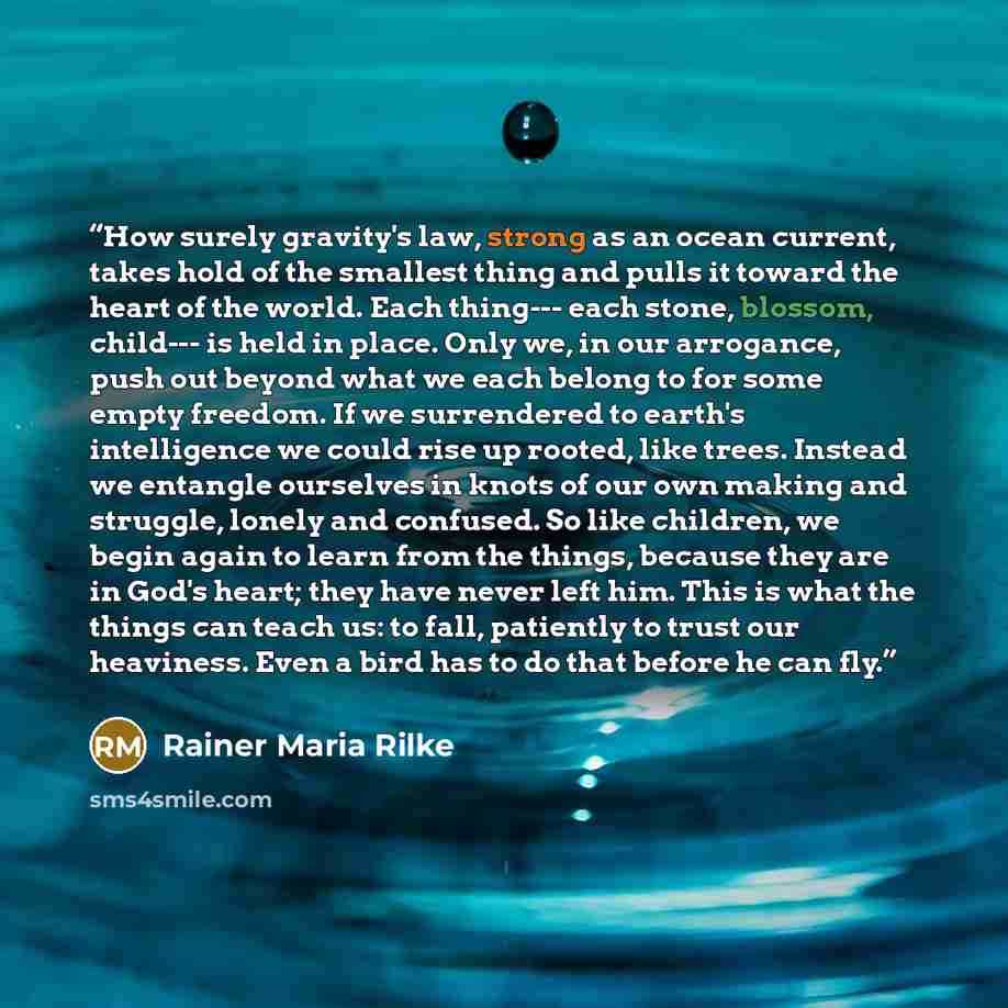 “How surely gravity's law, strong as an ocean current, takes hold of the smallest thing and pulls it toward the heart of the world. Each thing--- each stone, blossom, child--- is held in place. Only we, in our arrogance, push out beyond what we each belong to for some empty freedom. If we…” quote by Rainer Maria Rilke
