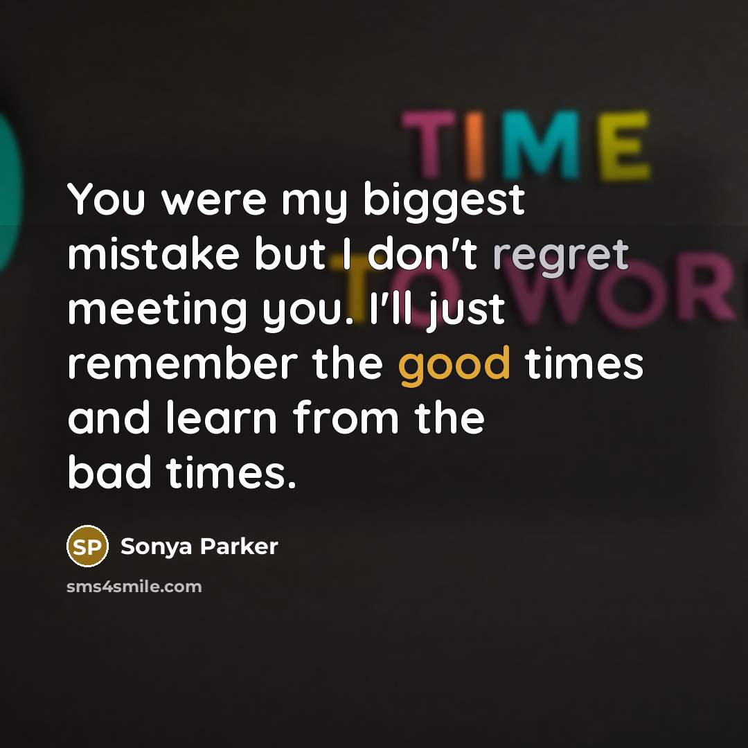 “You were my biggest mistake but I don't regret meeting…” quote by Sonya Parker