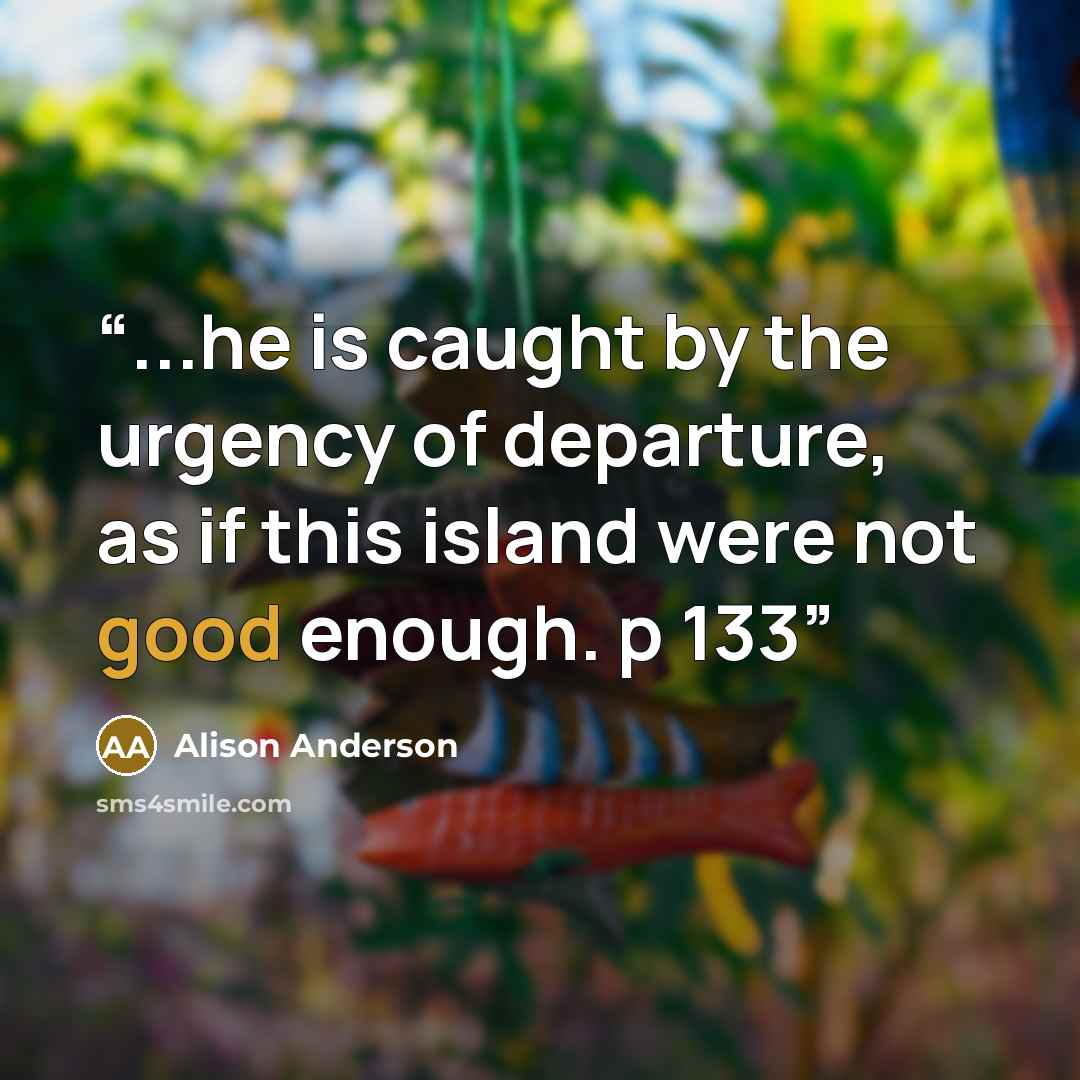 “...he is caught by the urgency of departure, as if this island were not good enough. p 133” quote by Alison Anderson