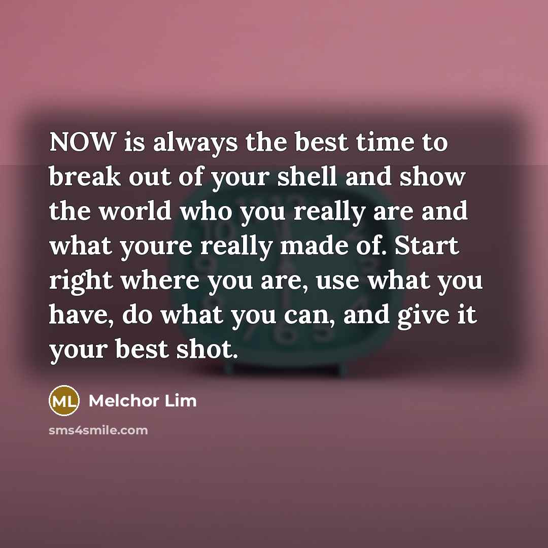 “NOW is always the best time to break out of your shell and show the world who you really are and what youre really made of. Start right where you are, use what you have, do what you can, and give it your best shot.” quote by Melchor Lim