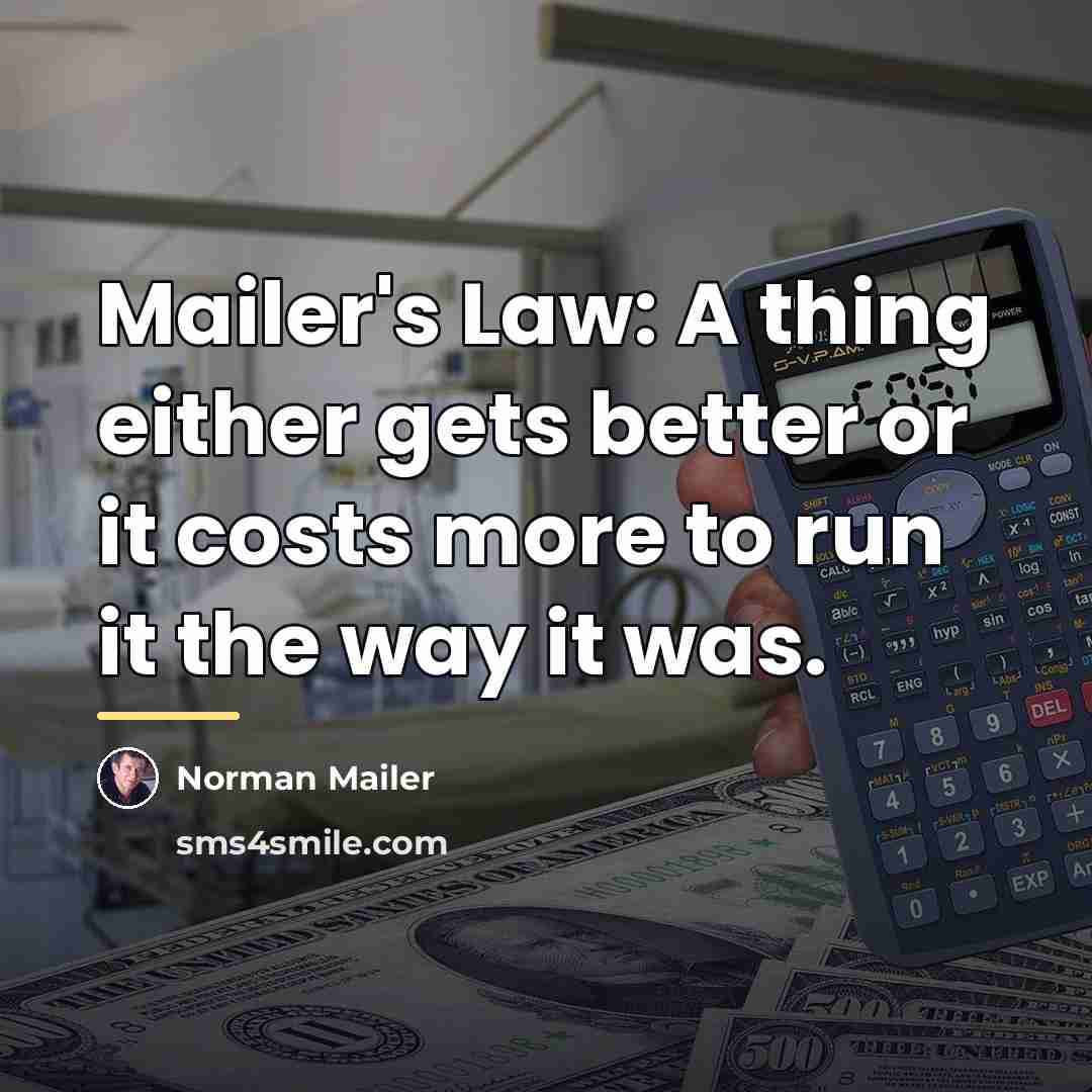 “Mailer's Law: A thing either gets better or it costs…” quote by Norman Mailer