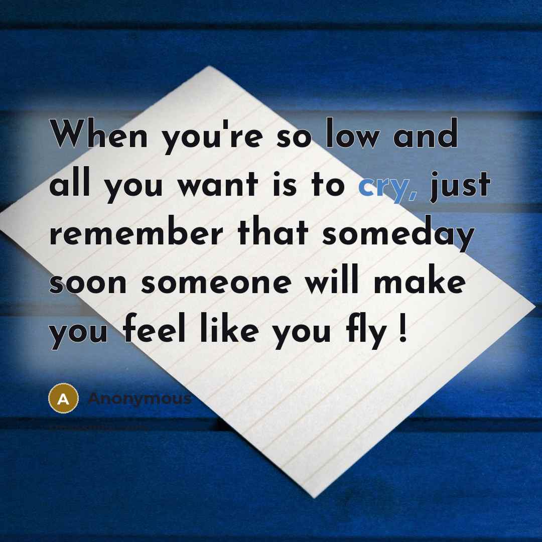 “When you're so low and all you want is to cry, just remember that someday soon someone will make you feel like you fly !” quote by Anonymous