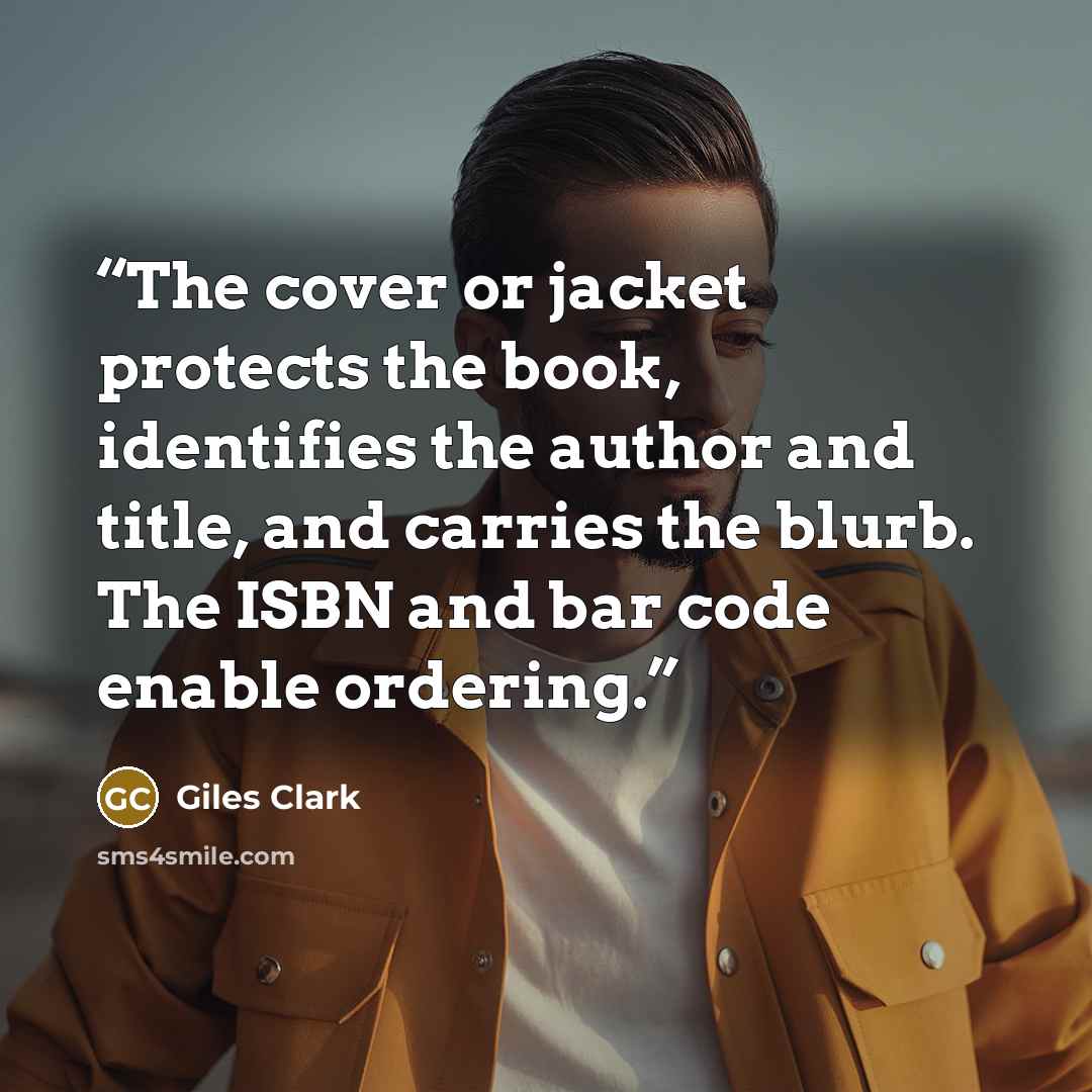 “The cover or jacket protects the book, identifies the author and title, and carries the blurb. The ISBN and bar code enable ordering.” quote by Giles Clark