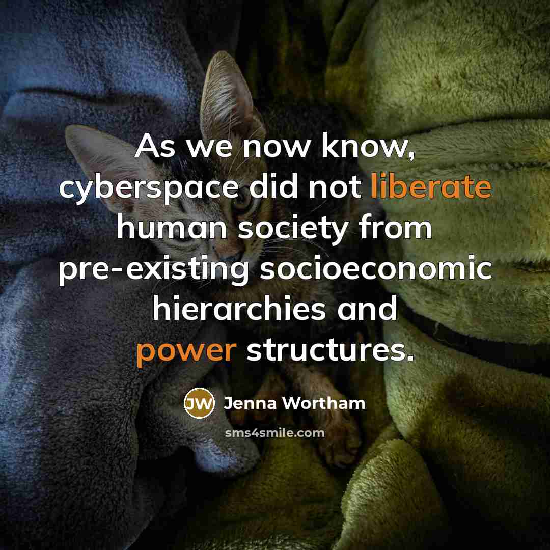 “As we now know, cyberspace did not liberate human society from pre-existing socioeconomic hierarchies and power structures.” quote by Jenna Wortham