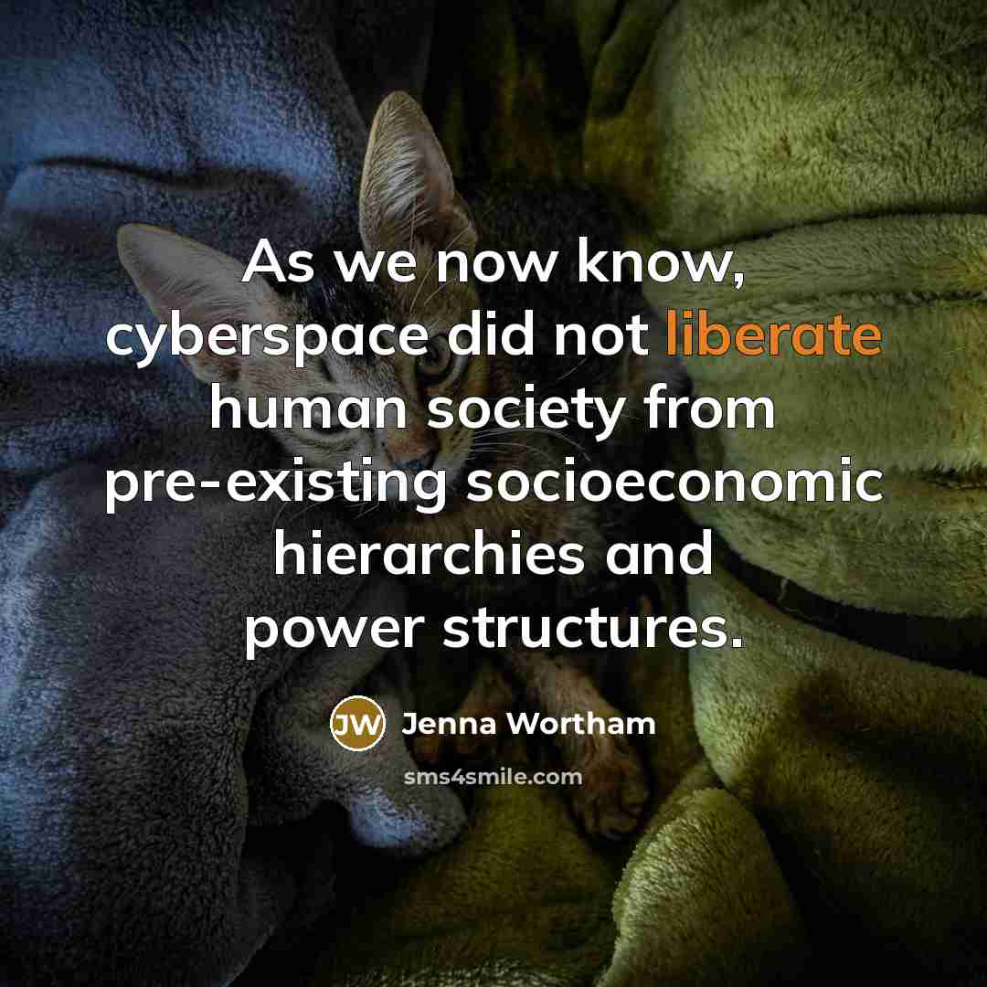 “As we now know, cyberspace did not liberate human society…” quote by Jenna Wortham