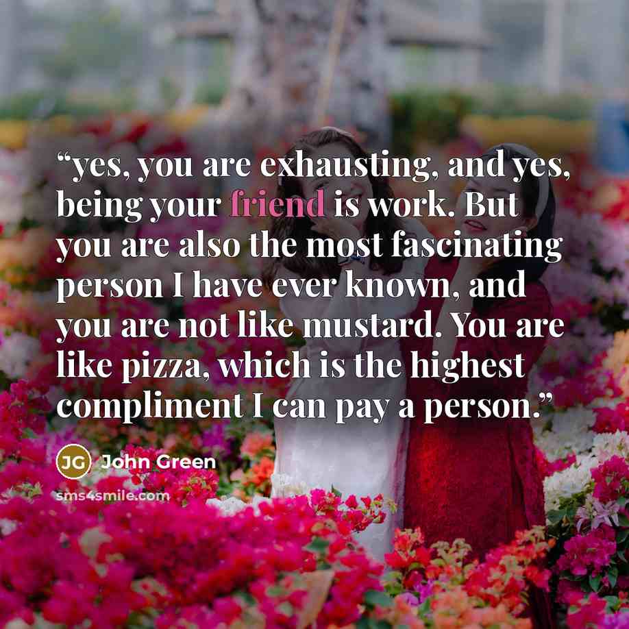 “yes, you are exhausting, and yes, being your friend is work. But you are also the most fascinating person I have ever known, and you are not like mustard. You are like pizza, which is the highest compliment I can pay a person.” quote by John Green