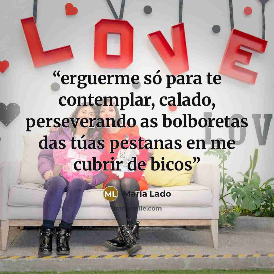 “erguerme só para te contemplar, calado, perseverando as bolboretas das túas pestanas en me cubrir de bicos” quote by María Lado
